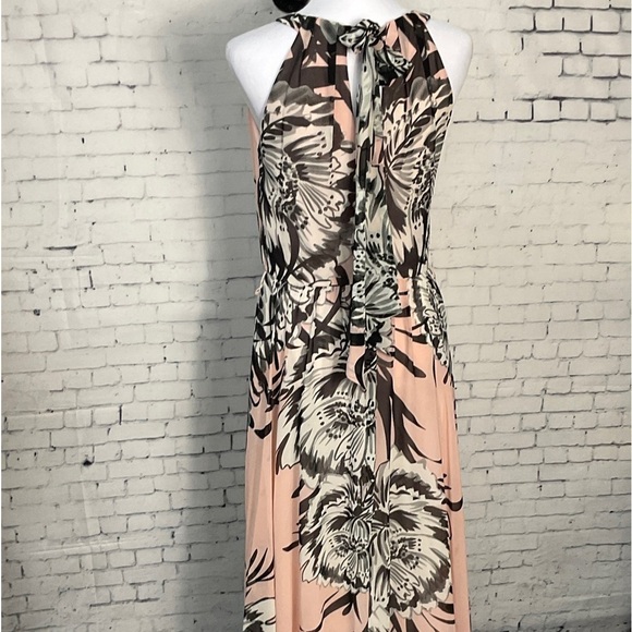 Eliza J Pink Black Floral Print Chiffon Maxi Dress Neck Tie Hidden Zippe… - Picture 6 of 11